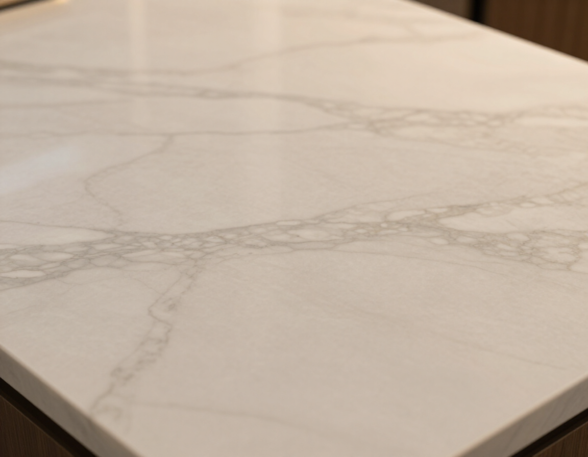 Close-up of a light marble countertop surface