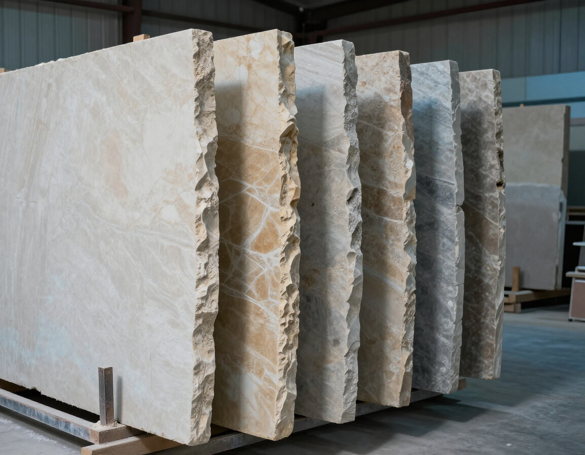 Stacked natural stone slabs in a fabrication studio