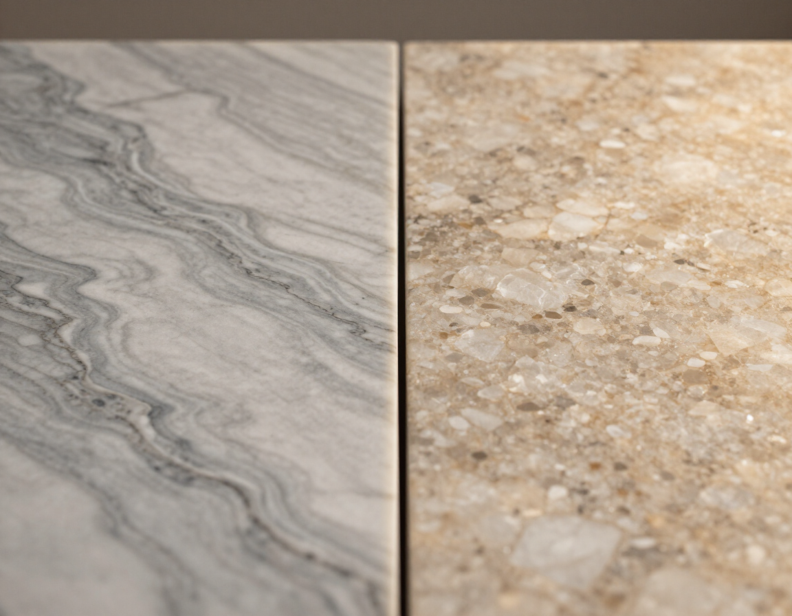 Close-up comparison of marble and quartzite surfaces