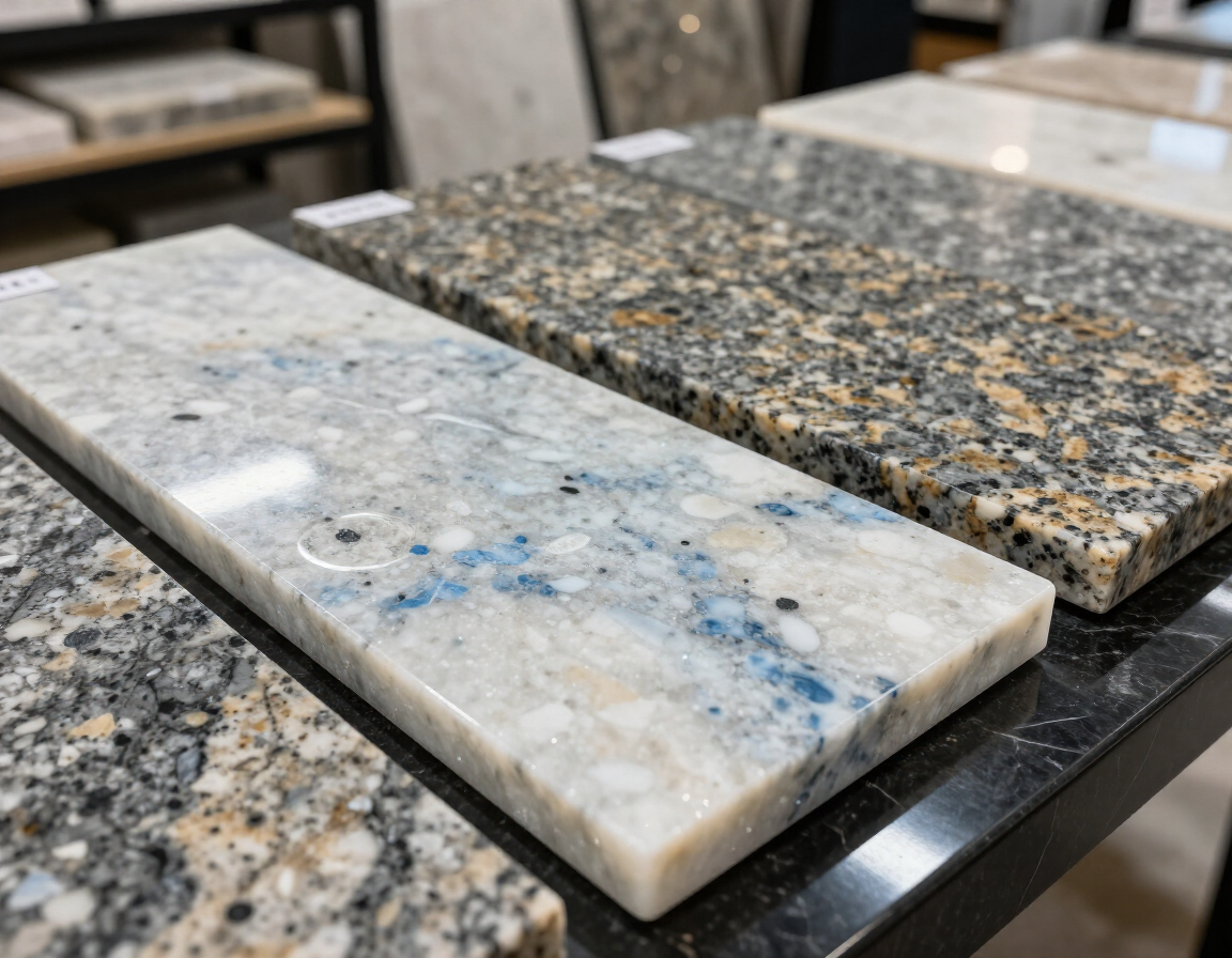 Quartz and granite surface samples in a premium showroom