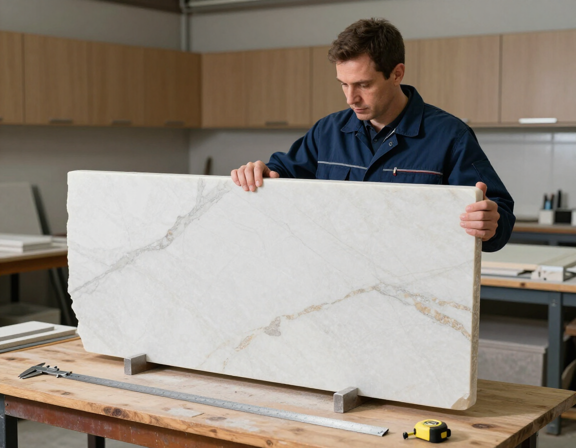 Stone fabricator reviewing a quartzite slab