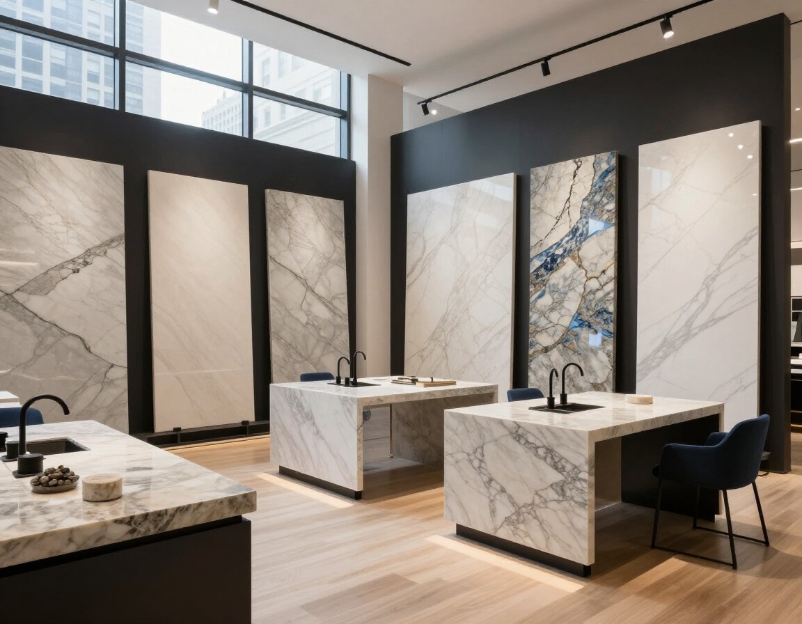 Luxury stone countertop showroom with slab samples