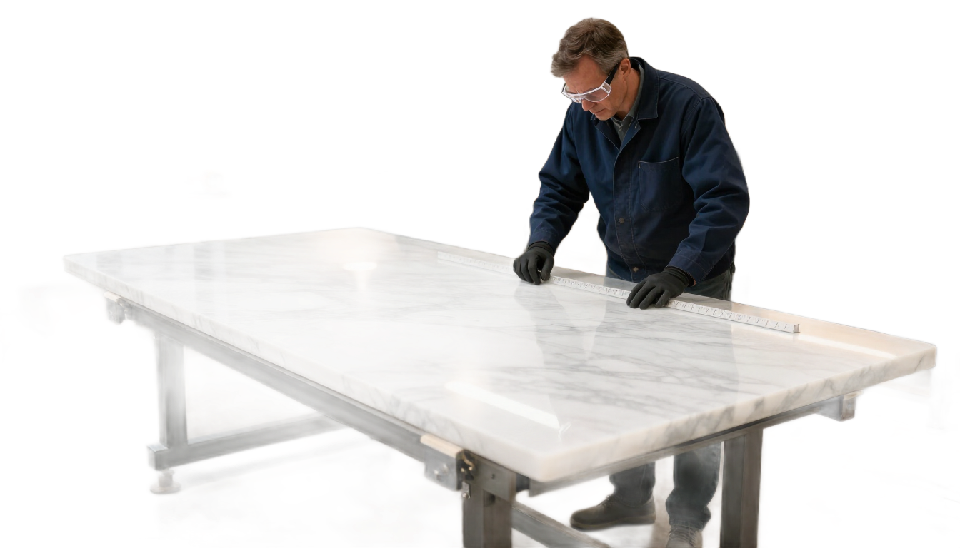 Stone fabricator measuring a premium marble slab in a modern workshop