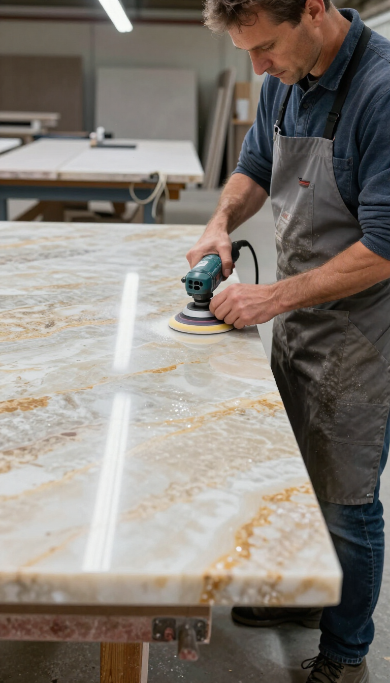Fabricator polishing a quartzite countertop edge