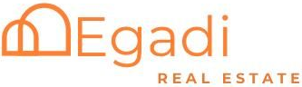 Logo per Egadi Real Estate: archi arancioni, testo "Egadi", "REAL ESTATE".