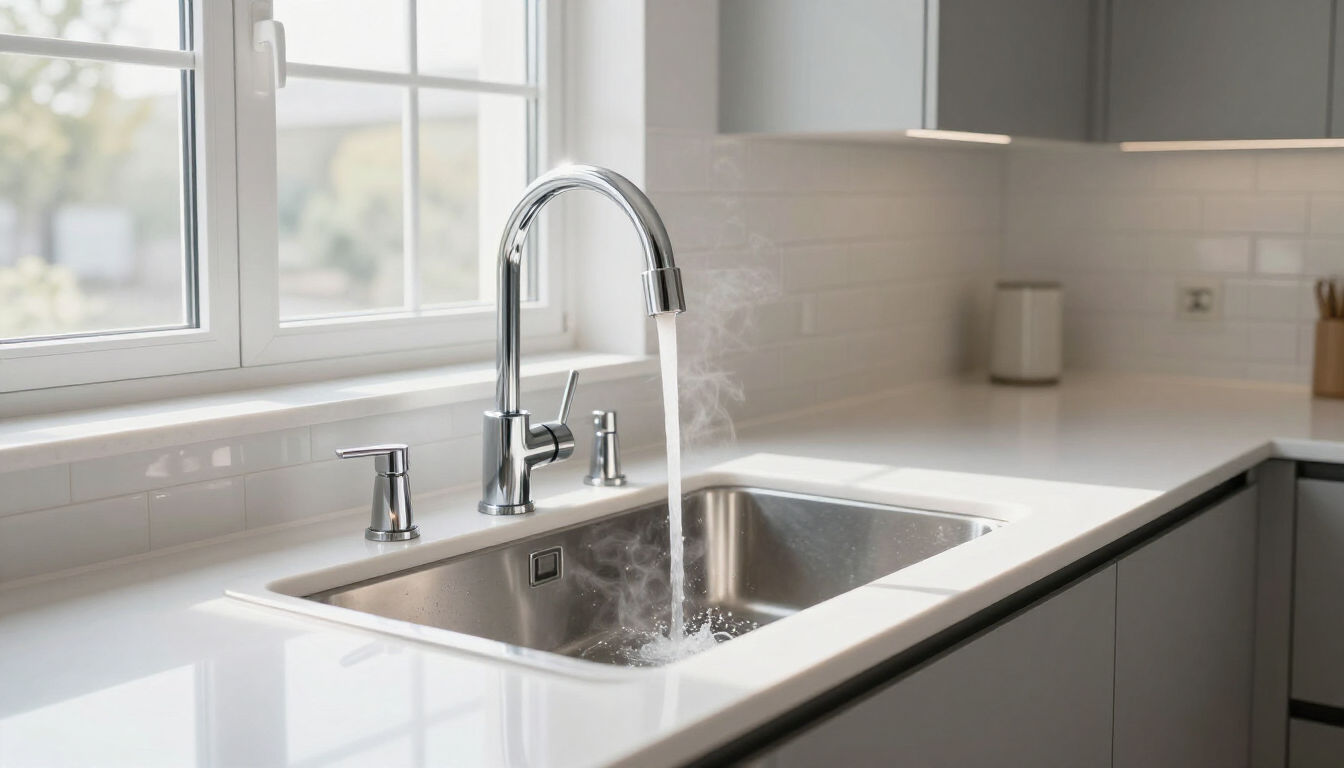 Modern kitchen sink by a sunlit window with chrome faucet and white countertop