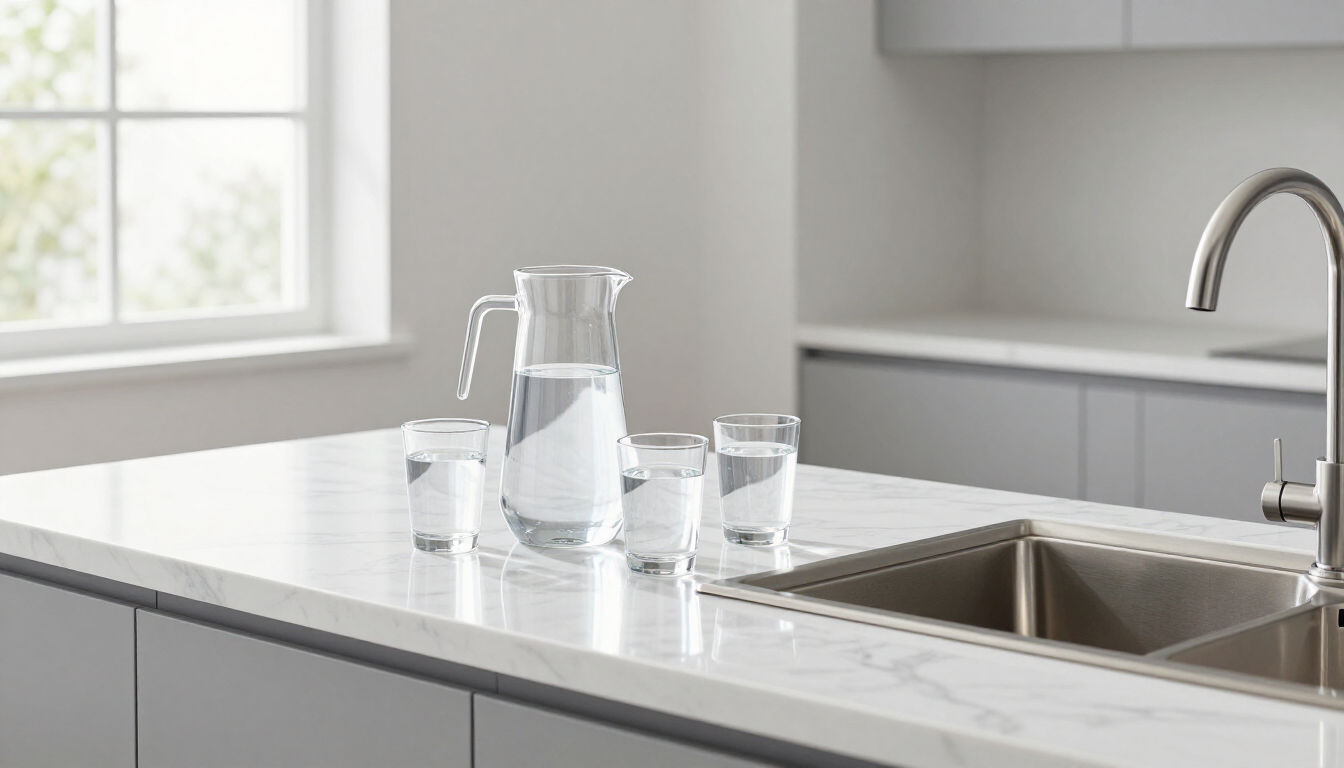 Bright kitchen counter by a sink with a glass pitcher and drinking glasses near a window