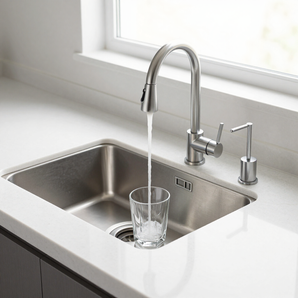 Modern kitchen sink with running faucet filling a glass on a white countertop