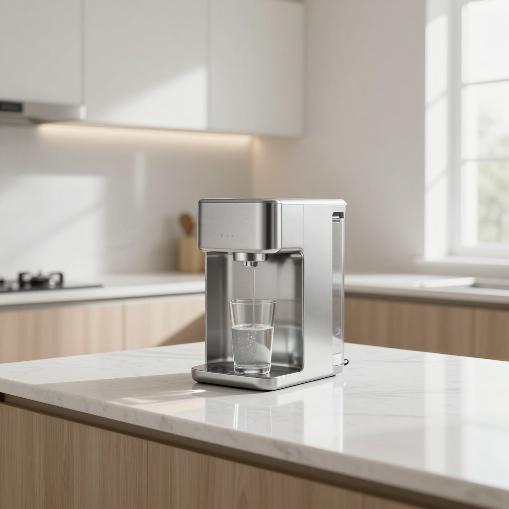 Small silver countertop coffee machine in a bright modern kitchen with a glass under the spout.