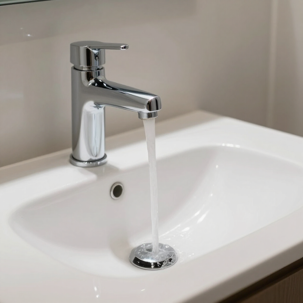Chrome bathroom faucet running into a white ceramic sink