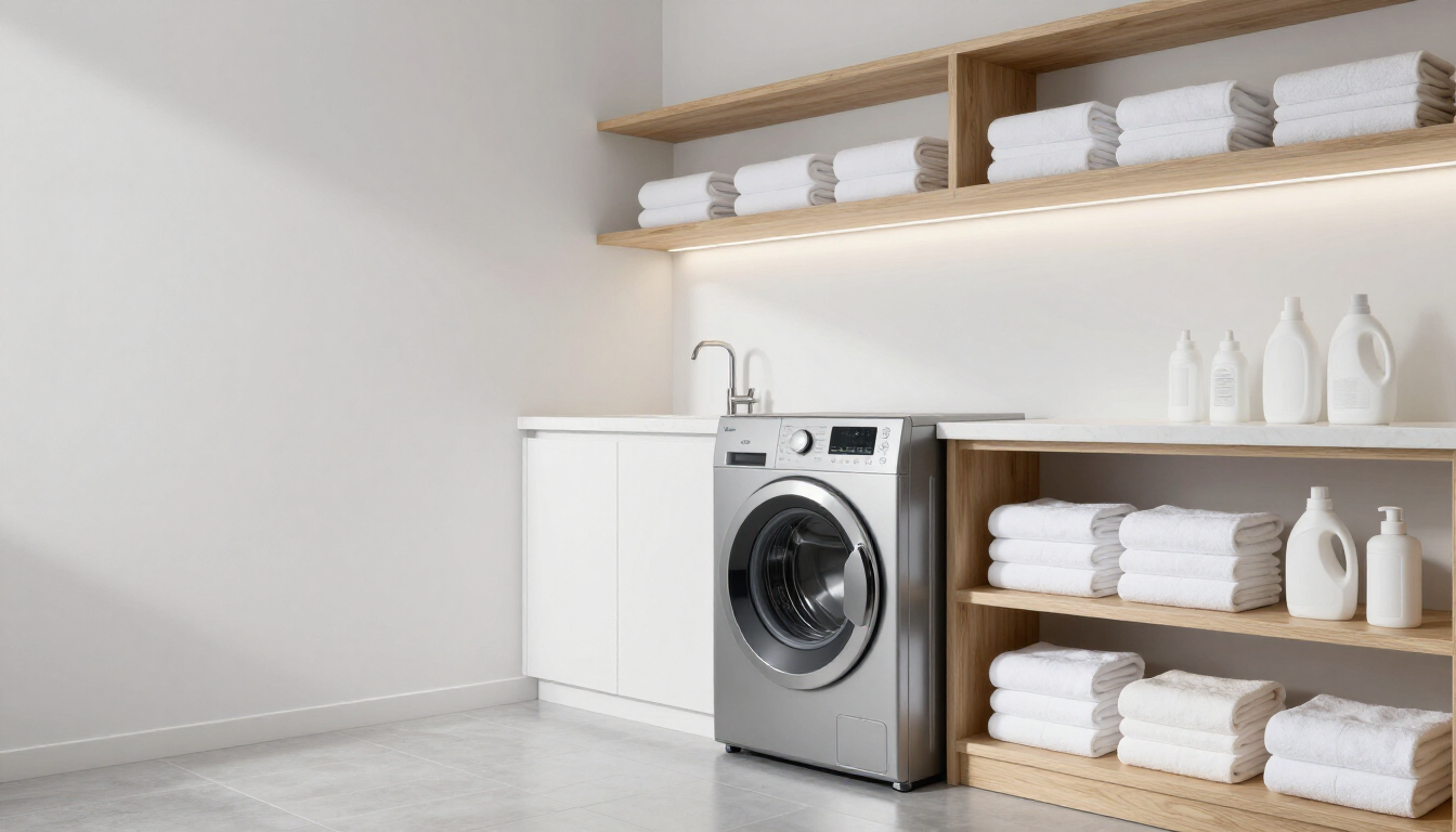 Minimal laundry room with washer, shelves, and neatly folded white towels
