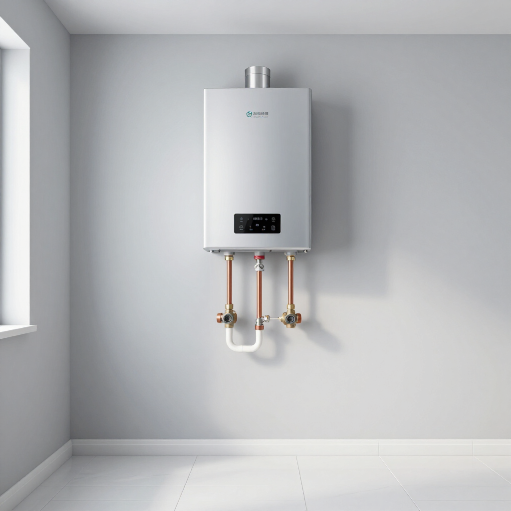 Wall-mounted white boiler in a minimal gray room with exposed pipes underneath