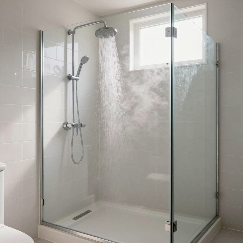 Glass shower stall with rainfall showerhead and handheld sprayer spraying water in a white bathroom