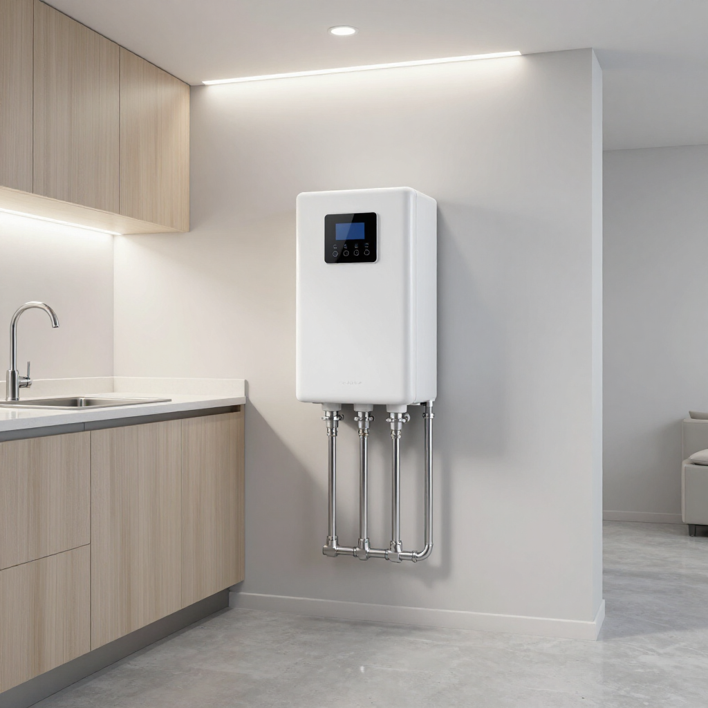 Modern kitchen with a wall-mounted white water heater above the floor.