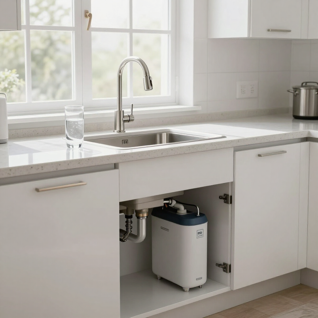 Bright white kitchen with sink, window, and an open cabinet showing a water filtration system under the counter