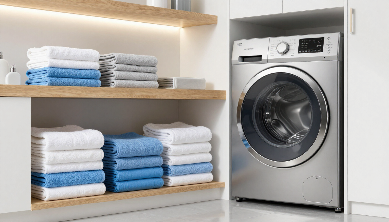 Laundry room with stacked white and blue towels beside a front-loading washing machine