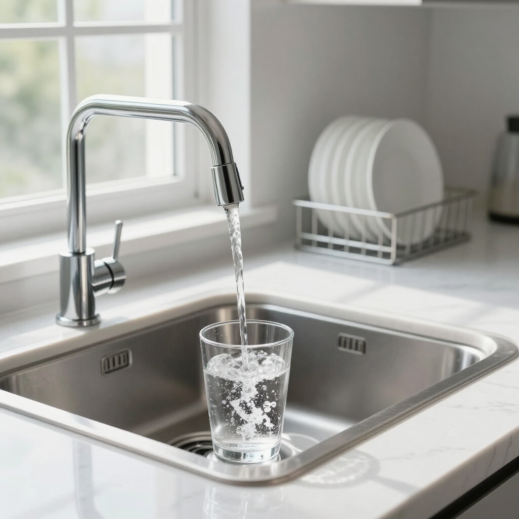 Chrome kitchen faucet filling a glass in a stainless steel sink beside white dishes by a window