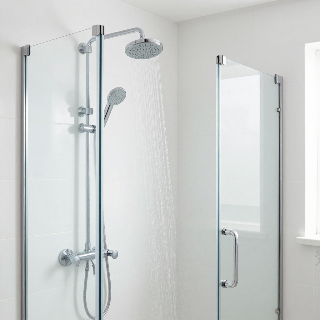 Modern bathroom shower with glass enclosure, chrome fixtures, and a rainfall showerhead.