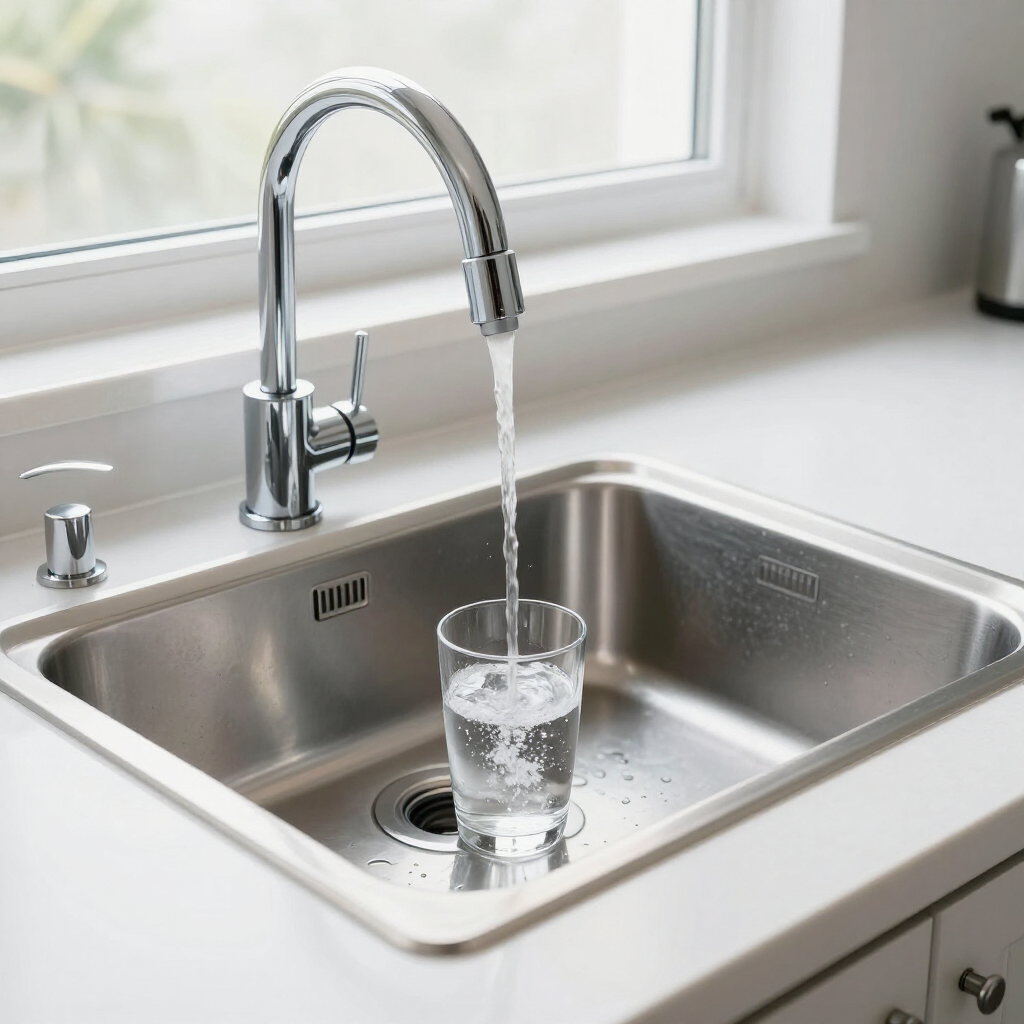 Glass being filled with water at a stainless steel kitchen sink by a chrome faucet.