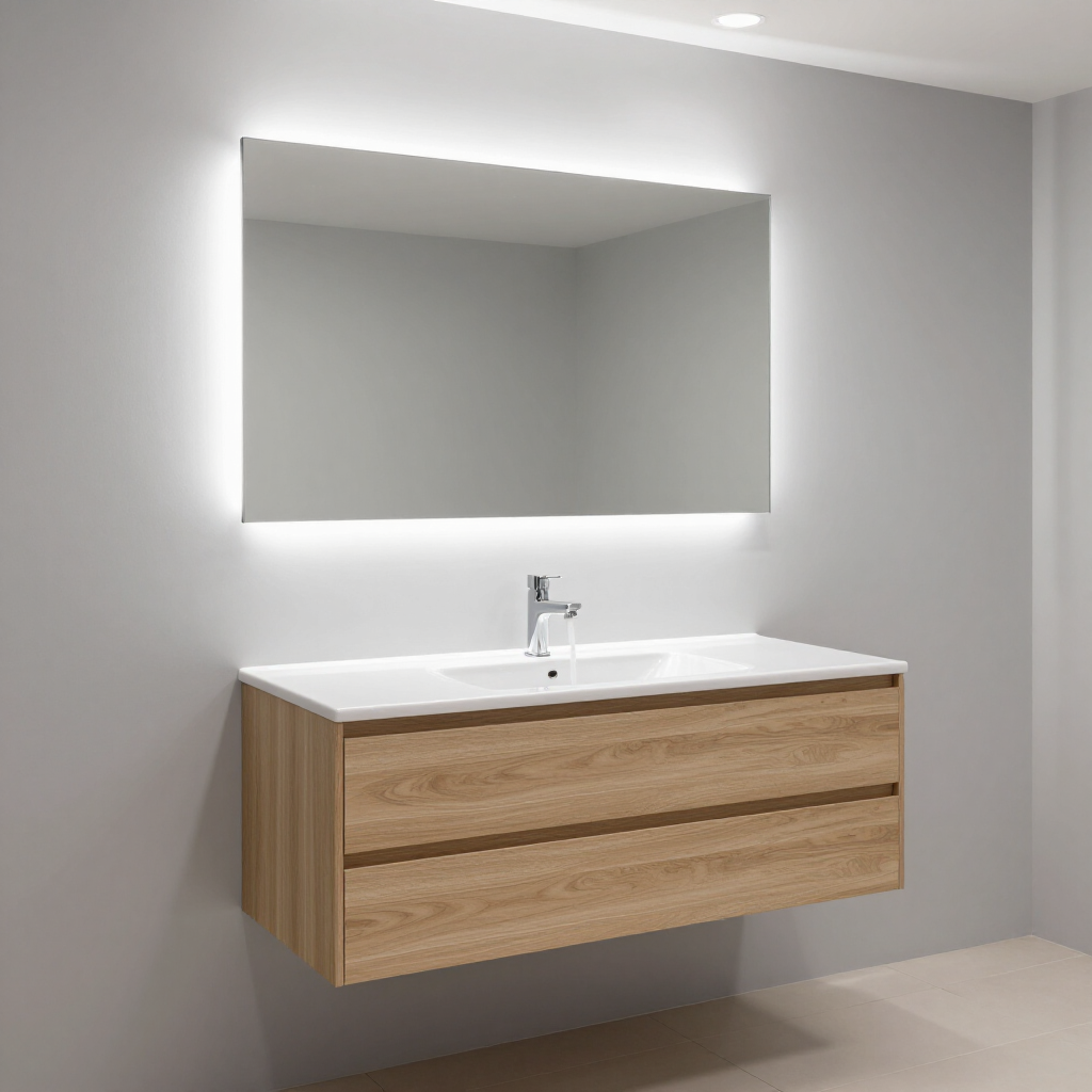 Modern bathroom vanity with wall-mounted wood cabinet, sink, and illuminated mirror on gray wall