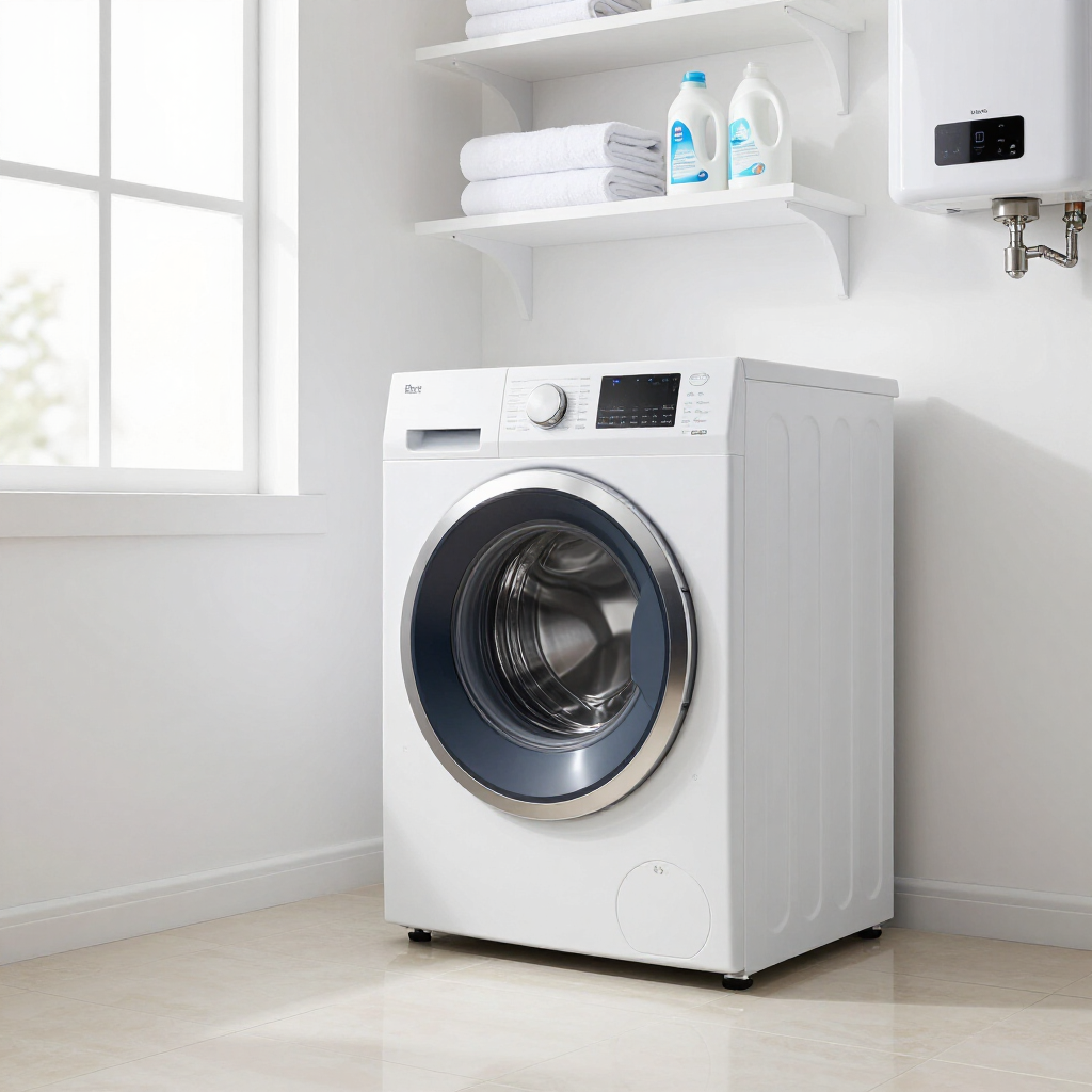 White front-loading washing machine in a bright laundry room with shelves of detergent and towels.