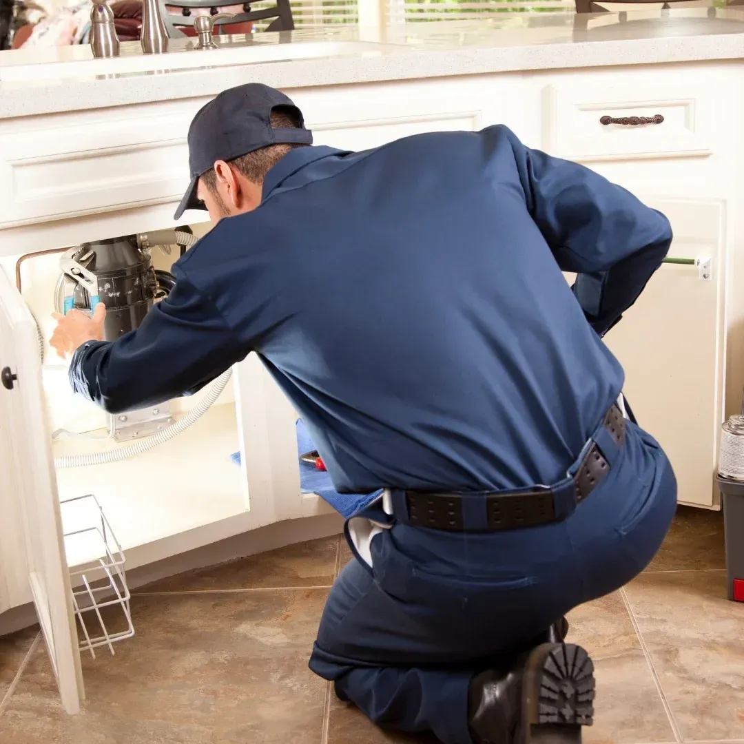 Plumber kneeling under a kitchen sink, fixing plumbing inside a white cabinet.
