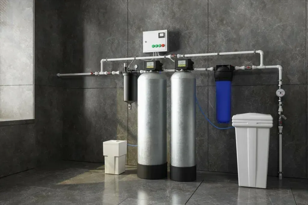 Water softener system with three tanks and white bins in a gray utility room Water softener system with three tanks and white bins in a gray utility room