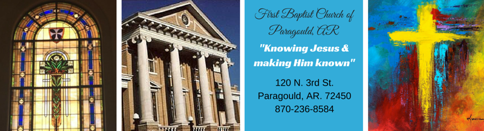 Church flyer collage with stained-glass window, blue text panel, and colorful cross painting