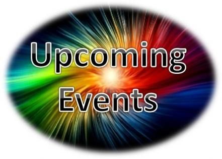 Upcoming Events text over a colorful rainbow burst background