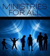 “MINISTRIES FOR ALL” over blue abstract background with silhouettes of people holding hands