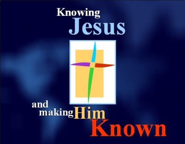 Text reading “Knowing Jesus and making Him Known” with a colorful cross on a blue background