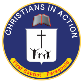Christian logo for First Baptist Paragould: blue circular seal with cross, open Bible, and worshipers.