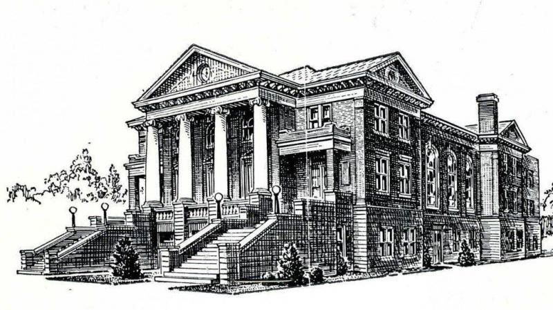 Black-and-white drawing of a neoclassical building with tall columns, stairs, and a side chimney