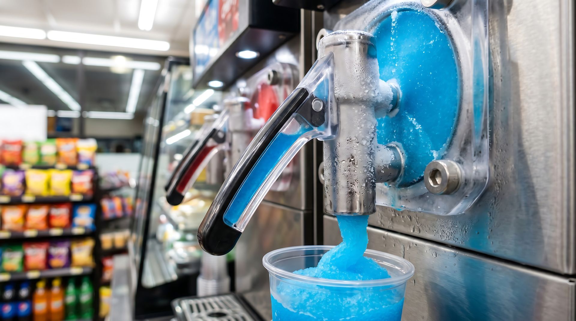 Blue slush pours from a dispenser into a clear cup in a convenience store.