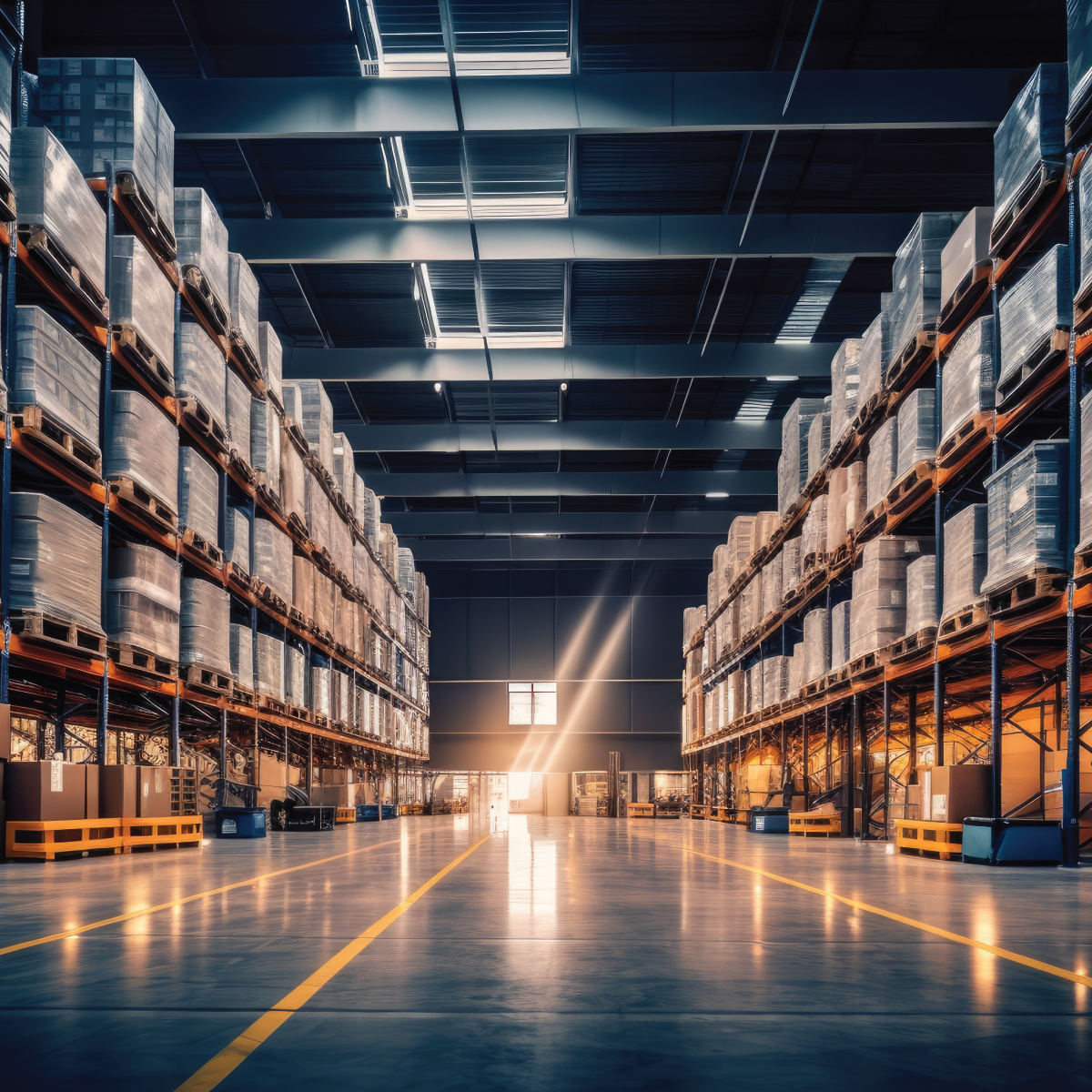 Large warehouse aisle with tall stacked pallets and bright overhead lights reflecting on the polished floor