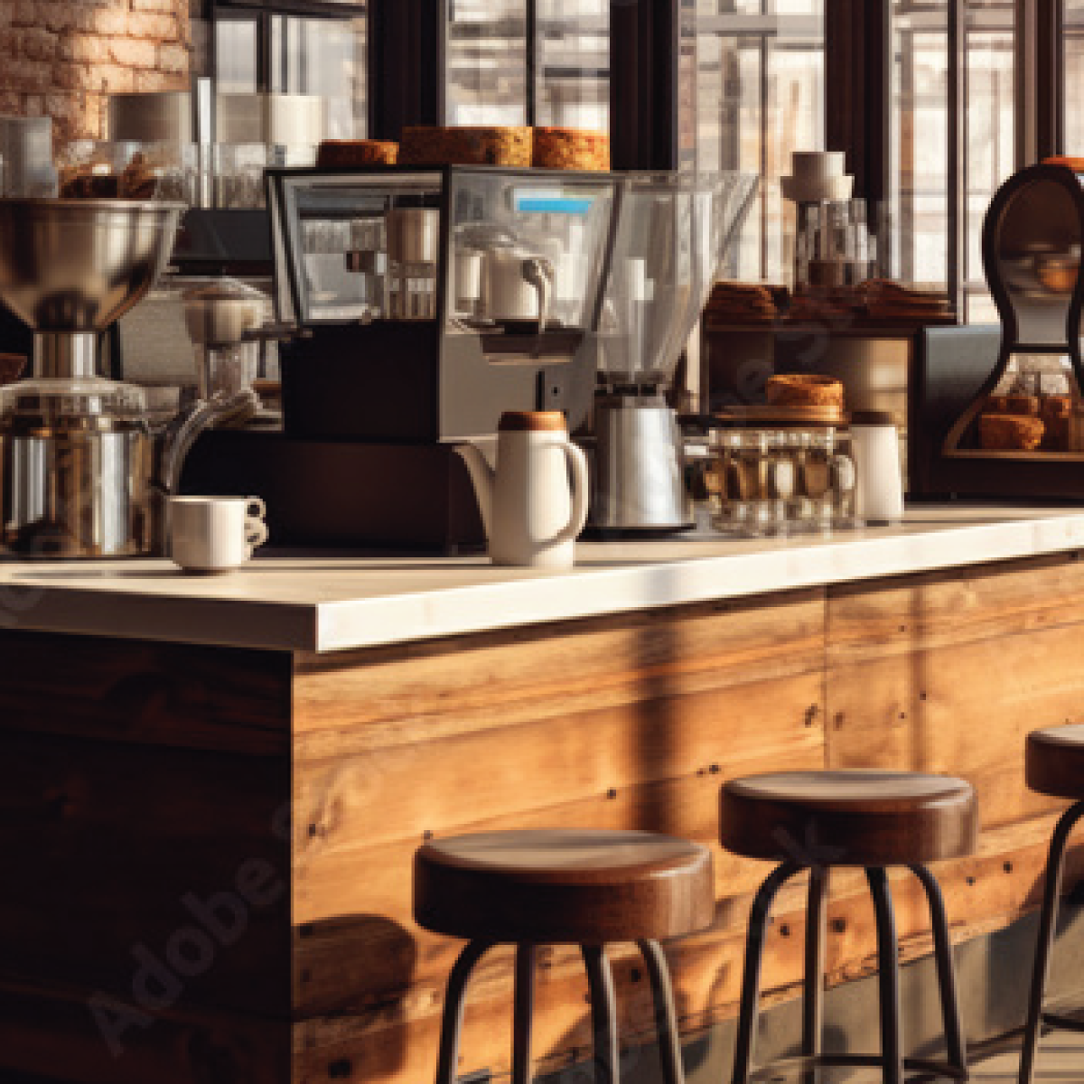 Cozy coffee shop counter with espresso machine, cups, and wooden stools in warm light