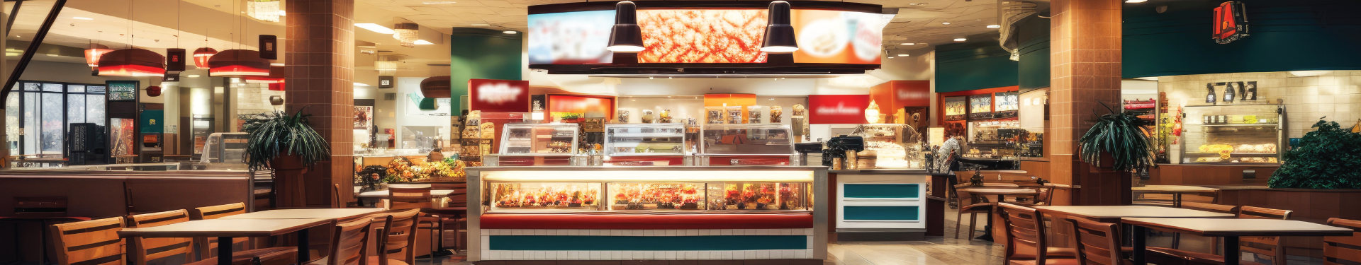 Bright fast-food counter with menu boards, glass display cases, and indoor seating in the background