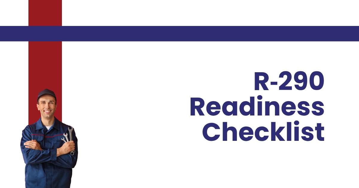 R-290 Readiness Checklist title on white background with a red stripe and a person in a navy shirt on the left