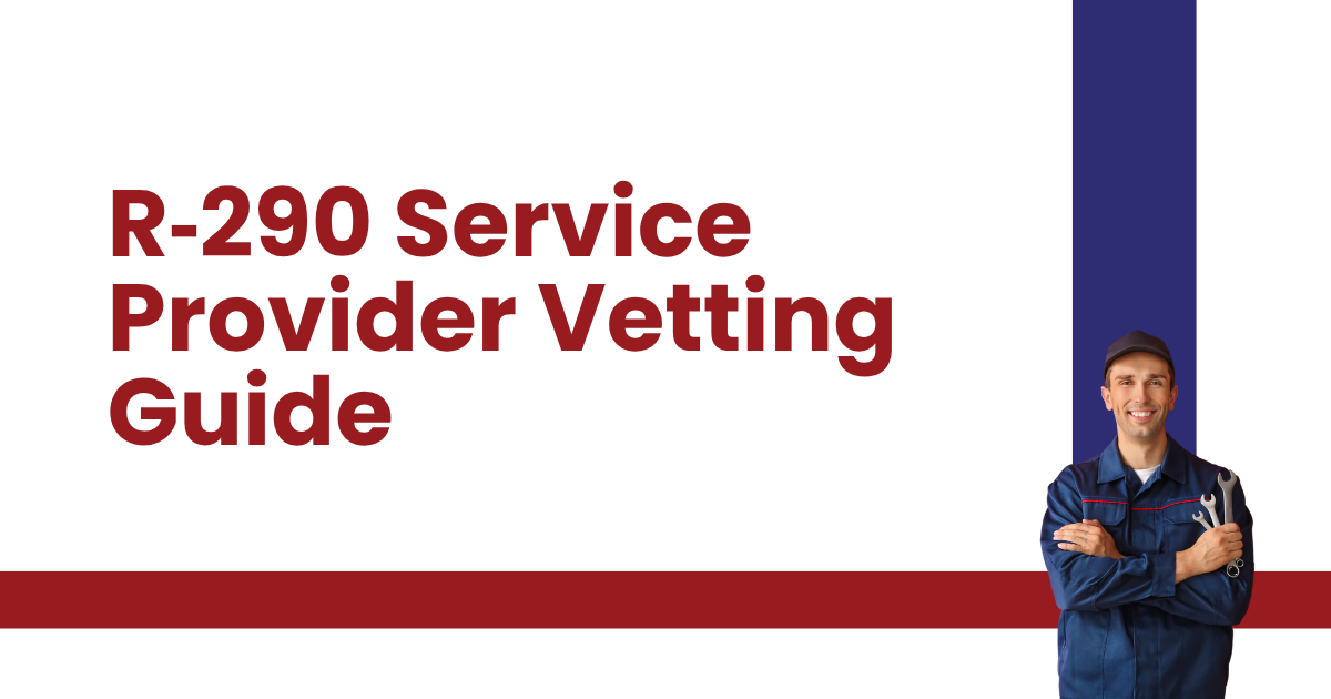 R-290 Service Provider Vetting Guide title slide with red text, blue stripe, and uniformed technician on white background