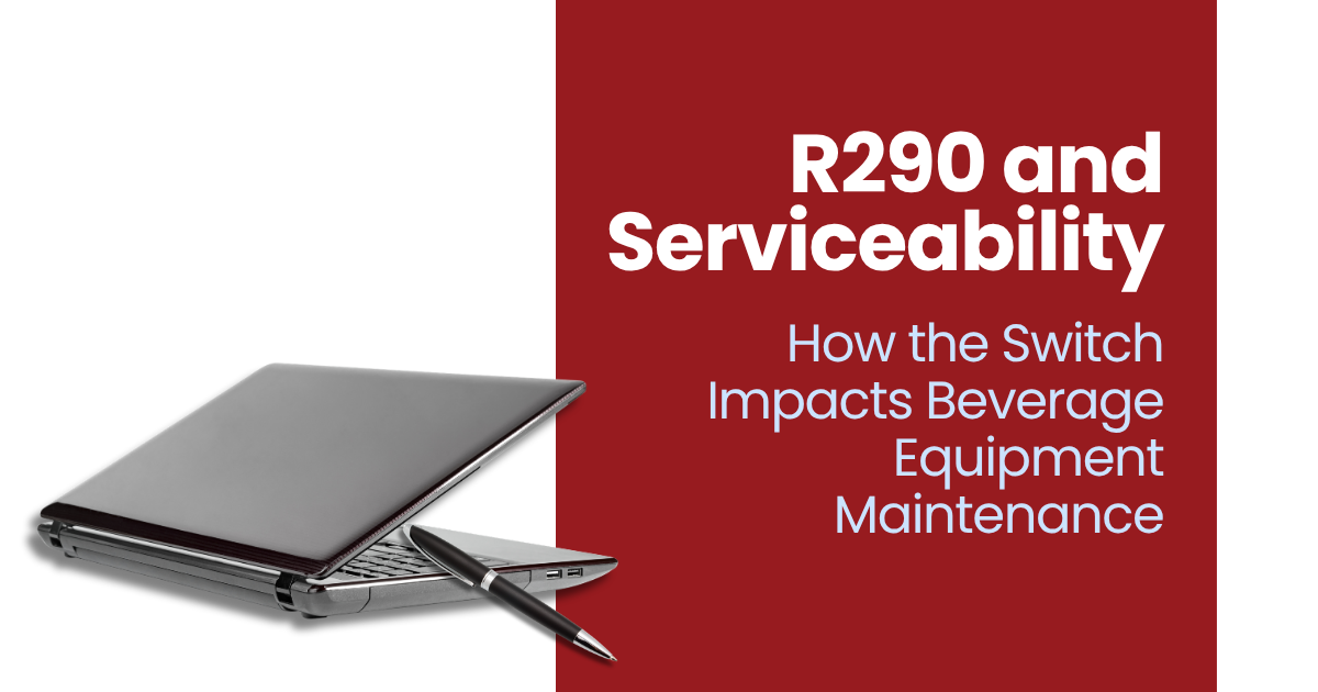 Laptop and screwdriver beside title text: “R290 and Serviceability” on red background