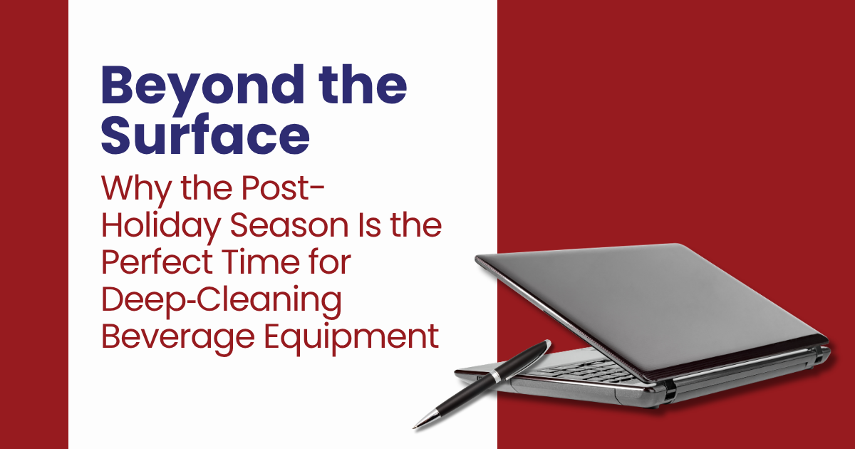 Promotional slide for deep-cleaning beverage equipment with text and an open stainless-steel machine on red background