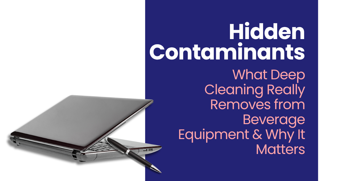 Blue slide about hidden contaminants, with a laptop being cleaned by a brush under the title.