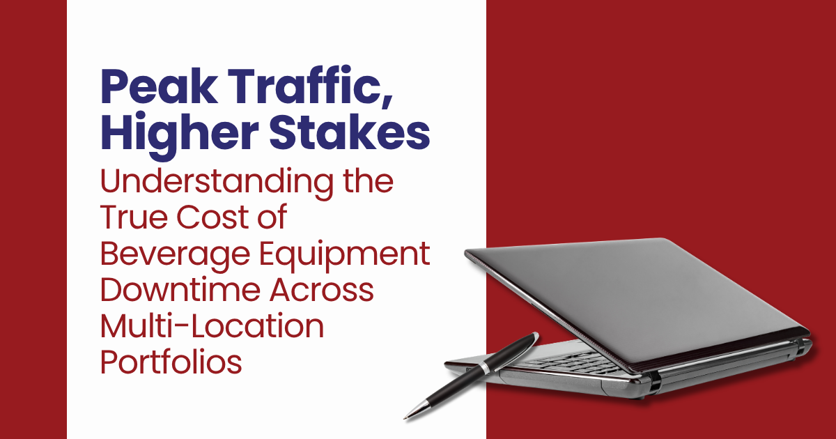 Promotional graphic: laptop with text about beverage equipment downtime in multi-location portfolios