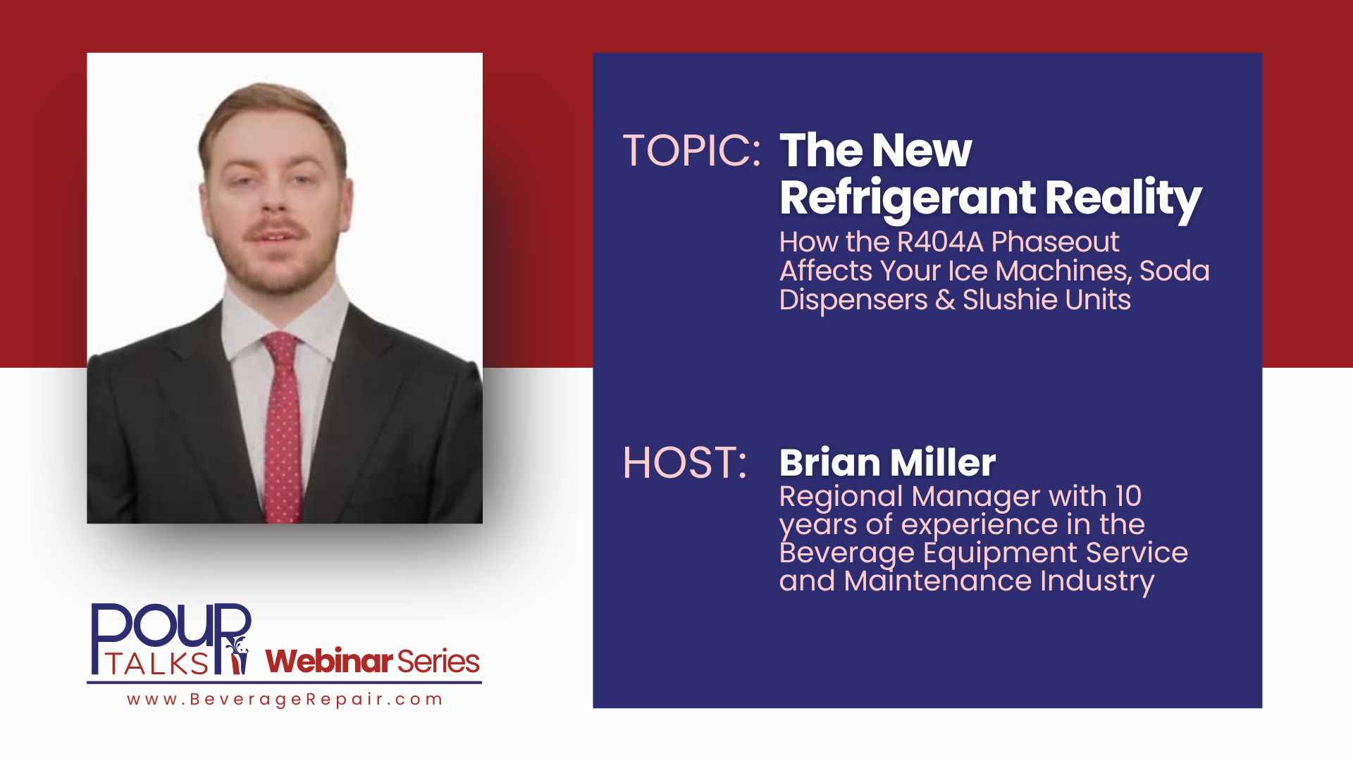 Webinar promo with headshot and blue text panel titled “The New Refrigerant Reality” by Brian Miller.