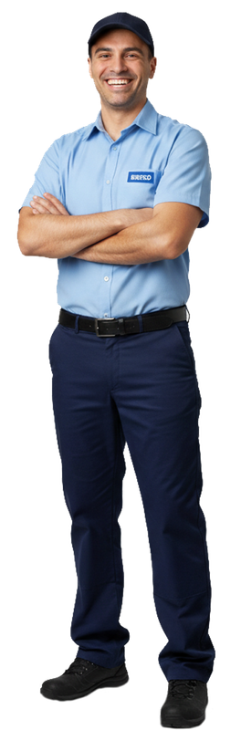Smiling person in a light blue shirt and dark pants, standing with arms crossed on a white background