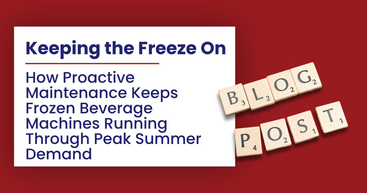 “Keeping the Freeze On” article graphic on frozen beverage machines during peak summer demand, with B L O G POST tiles.