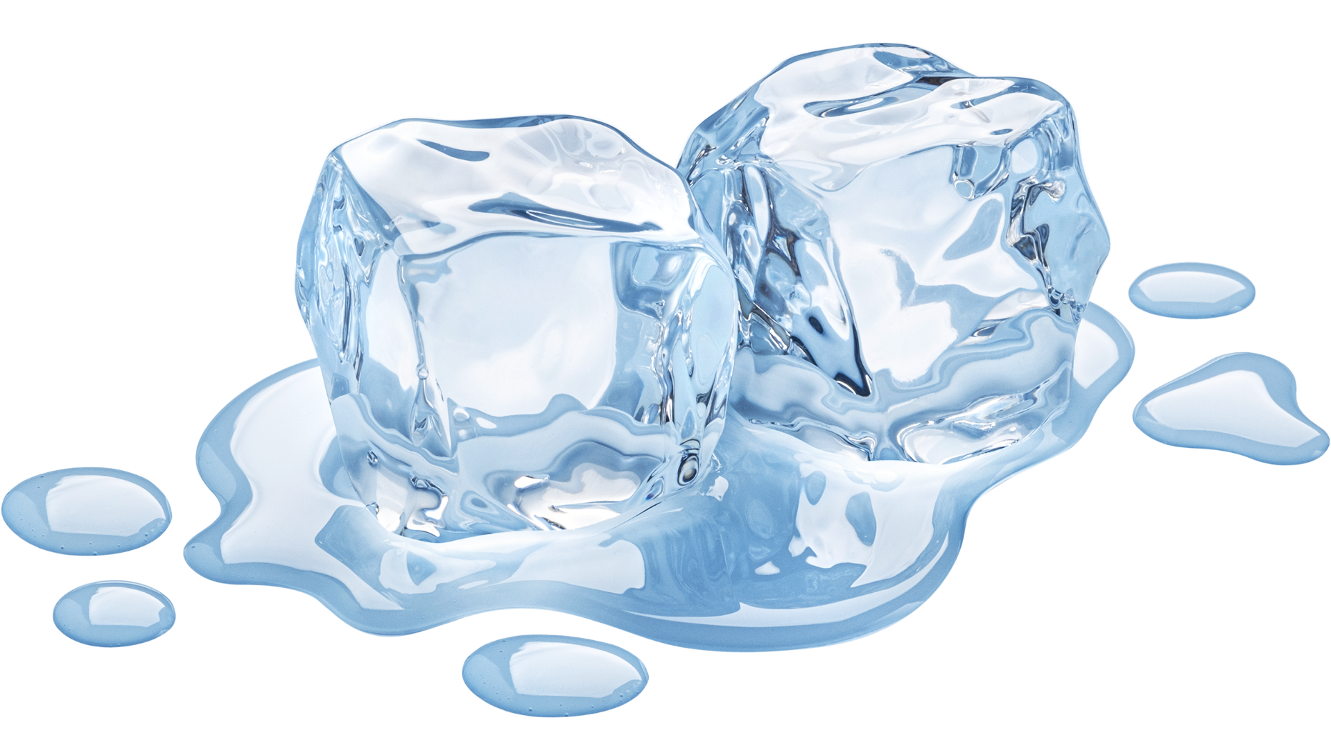 Two clear ice cubes melting on a white background
