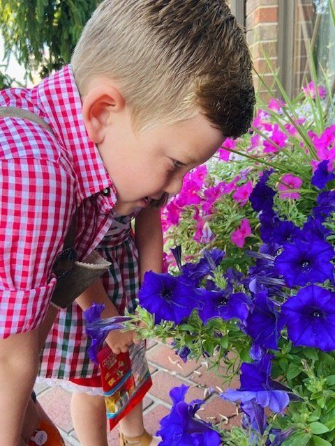 Child smelling purple flowers in a garden, wearing a red plaid shirt
