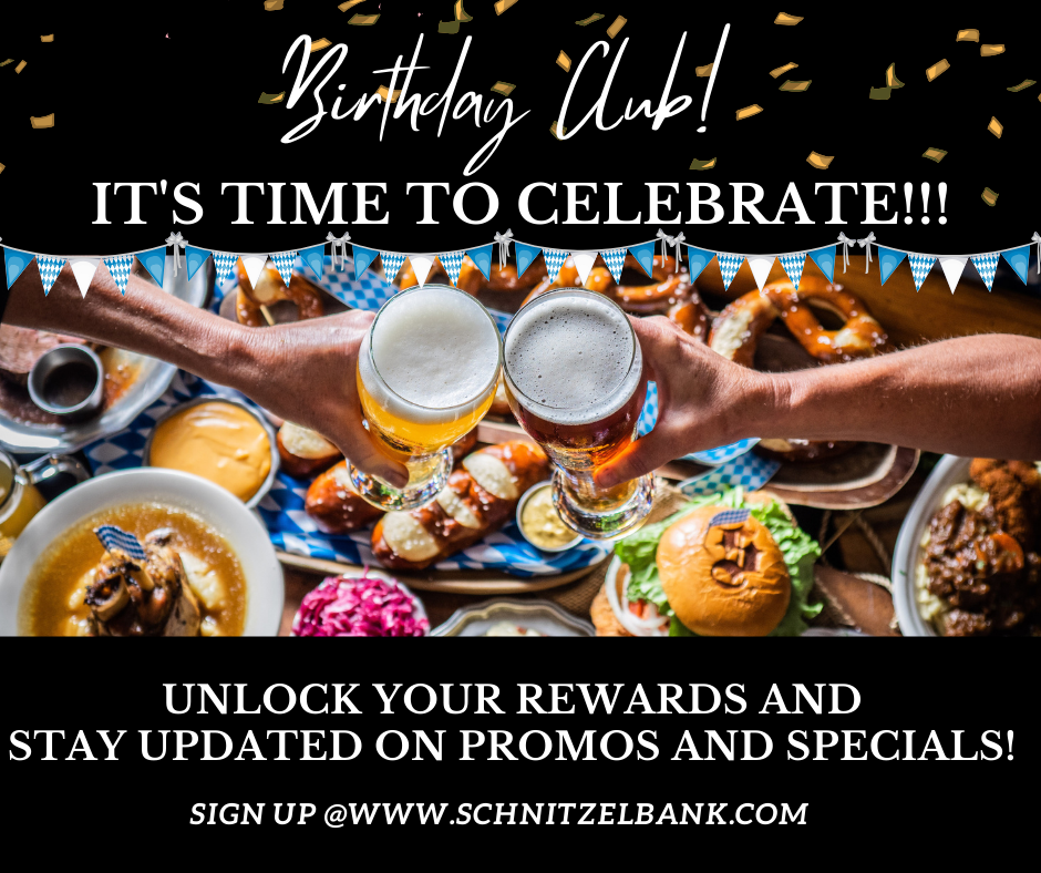 Birthday Club promo with clinking drinks and plates of snacks under festive bunting, inviting sign-up for rewards