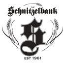 Black-and-white Schnitzelbank logo with stylized initials, laurel branches, and “EST 1961” text
